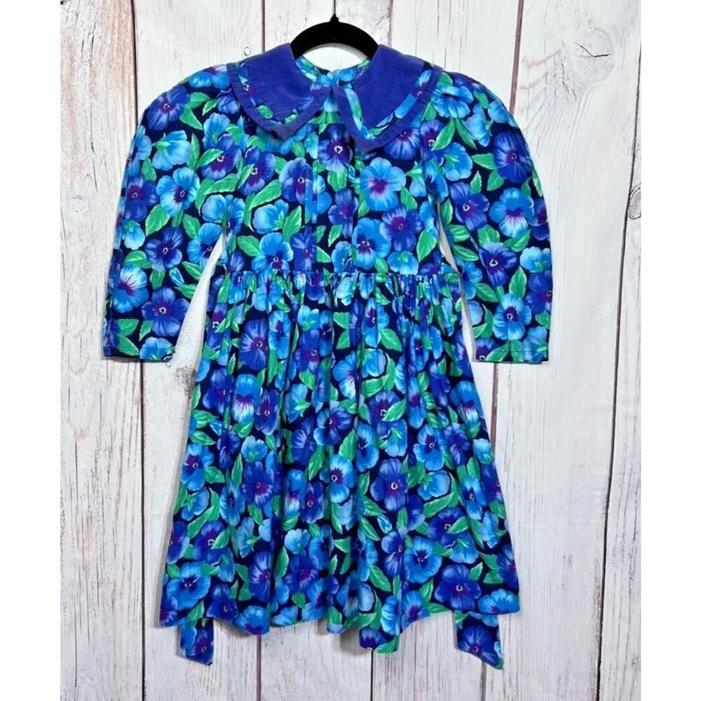 Vintage 80s Girls Dress Floral Pansy Pansies Prairie Cottagecore Blue Size 6X